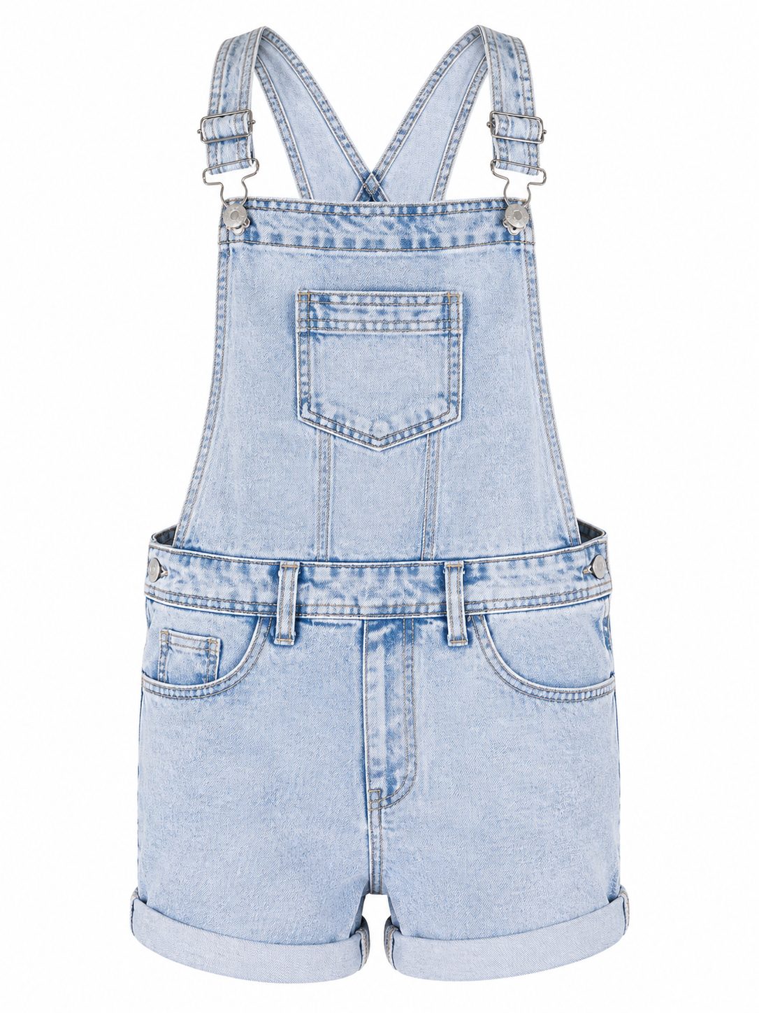 Women’s Light-Wash Denim Overall Romper with Adjustable Straps.