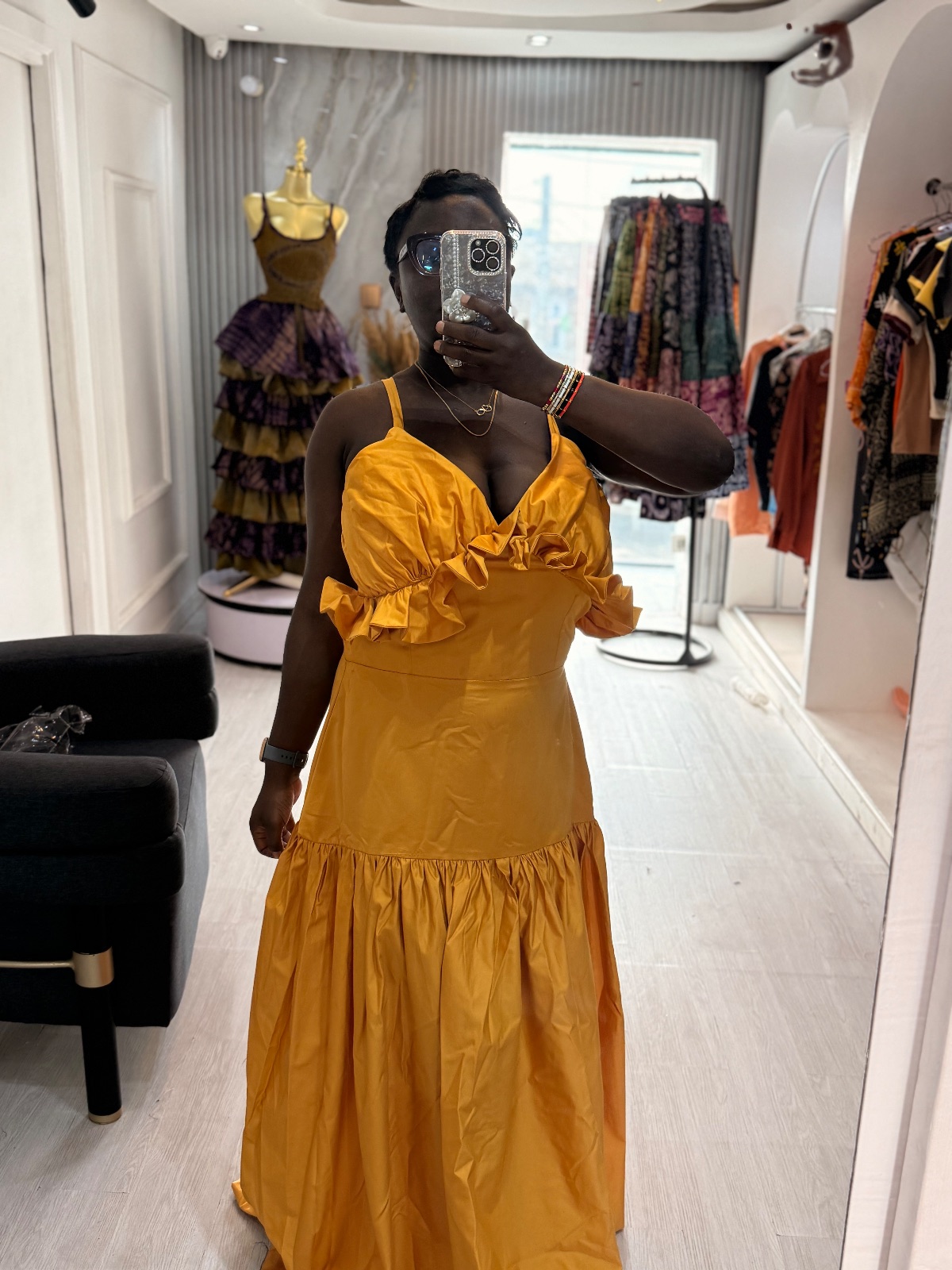 Marie gold ruffle dress