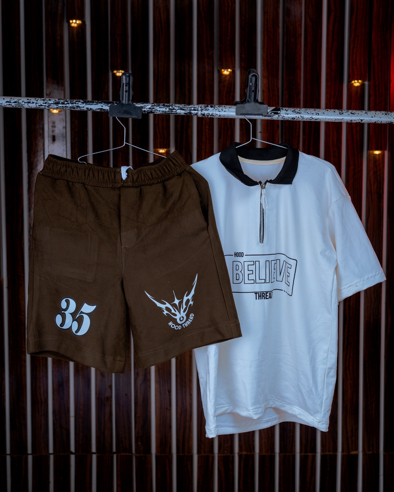 Hood Thread Believe Streetwear Set – White & Brow
