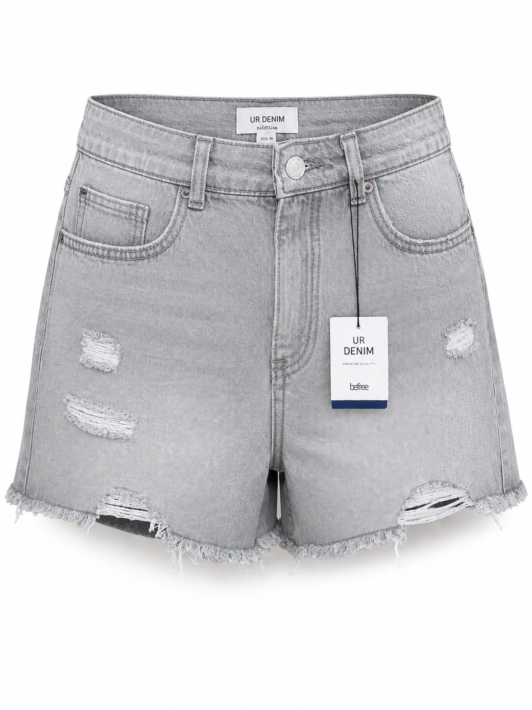 Women’s Ash Grey High-Waisted Distressed Denim Shorts with Frayed Hem.